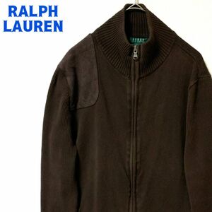 RALPH LAUREN ラルフローレン スウェットフルジップ ショルダーパッチ レトロ 古着 ブラウン M レディース