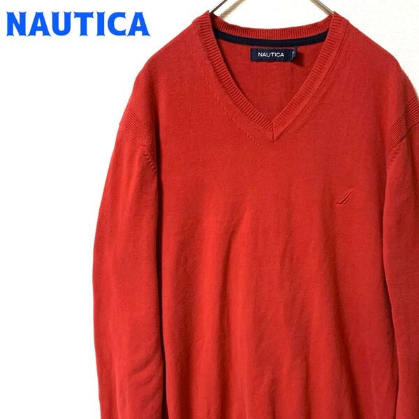 NAUTICA ノーティカ スウェット 薄手 刺繍ロゴ ワンポイン Vネック 赤 古着