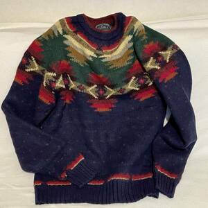 ウールリッチWOOLRICHフェアアイル柄バーズアイ柄ネイビー紺ハンドメイド セーター ラグラン丸首クルーネックMサイズ100%PURE WOOL