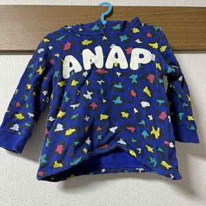 ANAP kids 90cm レオパード柄裏起毛パーカー 耳付き 青色 ブルー 男女兼用 カラフル ベビー キッズ 送料185円〜