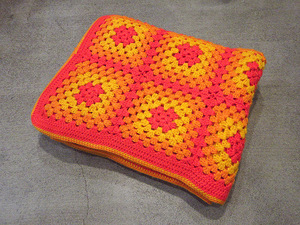  Vintage * crochet needle braided blanket approximately 210cm× approximately 170cm*230115i7-blk retro blanket orange yellow orange yellow 