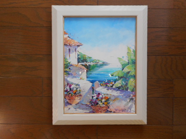 Oil painting, original painting, painting, etc., Malkovich, flower, bouquet, thick paint, coast, sea, villa, small size, easy to display, antique, collection, Painting, Oil painting, Nature, Landscape painting