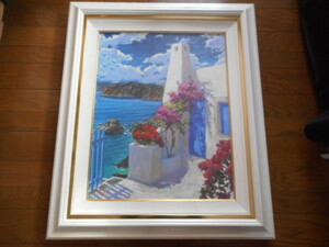 油彩画　油絵　原画　 絵画等　マルコビッチ　サントリーニでの夏　海　花束　厚塗り　海岸　海　大型です　アンティーク　コレクション