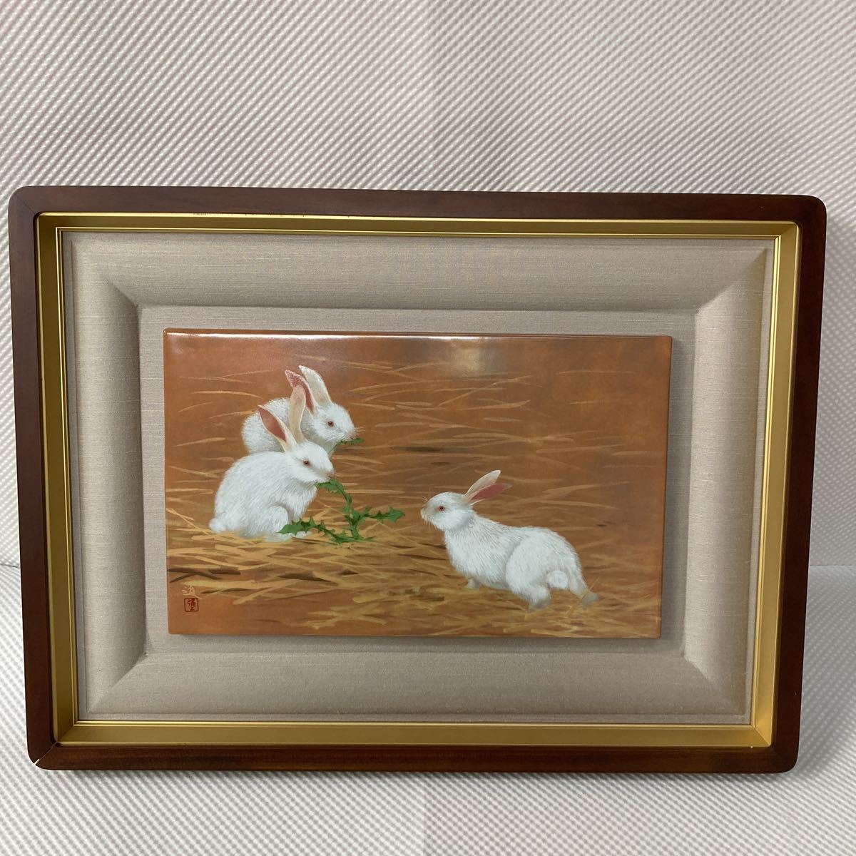 Maki Susumu Zodiac rabbit Rabbit Maehata pottery Kuyama kiln Picture frame Ceramic board painting Painting Fine art Japanese painting Animal, artwork, painting, others