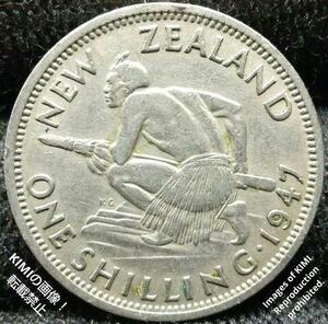 1シリング硬貨　1947　ジョージ6世　ニュージーランド　マオリ族の戦士　貨幣　コイン　タイアハ