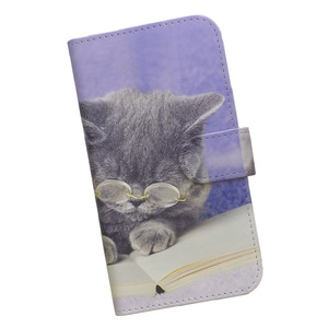 Galaxy【au/softbank/その他】　スマホケース 手帳型 プリントケース 猫 ブリティッシュ 動物 ネコ 読書 眼鏡