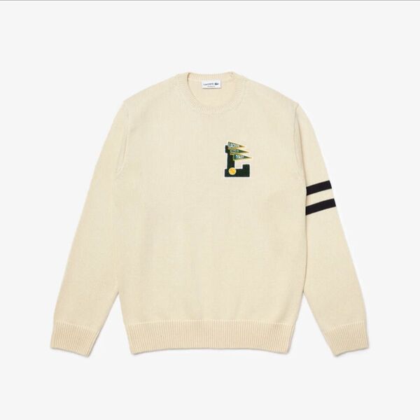 週末セール!ラコステ LACOSTE カレッジデザインクルーネックニットセーター (オフホワイト)