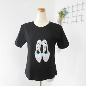 GIP lady's F short sleeves T-shirt shoes shoes race attaching biju- attaching ribbon black black to tops 