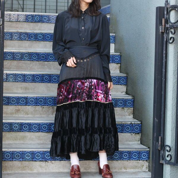USA VINTAGE VELOUR SWITCHED WAIST COIN DESIGN LONG SKIRT/アメリカ古着ベロア切替ウェストコインデザインロングスカート