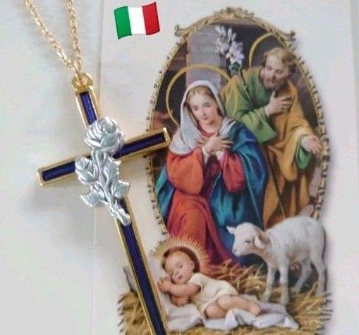 イタリア製 マリア様の薔薇の花 十字架お守りネックレス