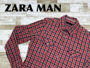 ☆送料無料☆ ZARA MAN ザラ メン 古着 長袖 レイヤード風 フェイクレイヤード チェック柄 シャツ メンズ M トップス 中古 即決