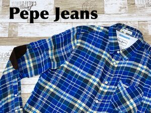 ☆送料無料☆ Pepe Jeans ぺぺジーンズ 古着 長袖 チェック柄 ネルシャツ メンズ M ブルー トップス 中古 即決