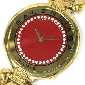 バレンシアガ 腕時計 ラウンド ストーン 赤文字盤 ゴールド金具 2針 クォーツ ボーイズ 純正ベルト QT021-23