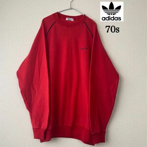 adidas 70s トレーナー　赤　ロゴ刺繍　レッド　デサント製　ヴィンテージ　古着　90s 80s スウェット