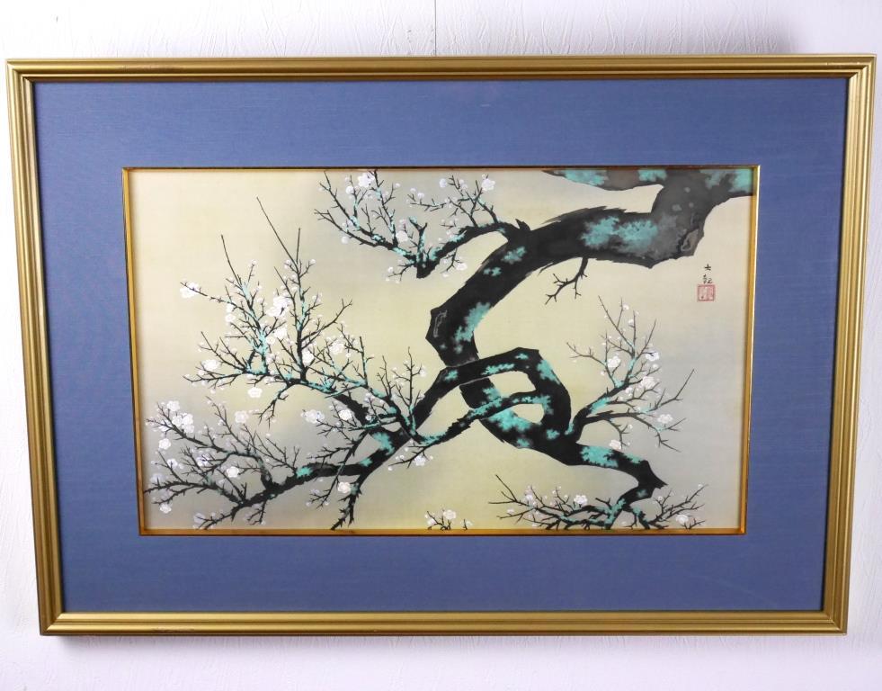 メール便無料】 横山大観 紙本風景淡彩水墨画老松図】木枠額装 印譜在