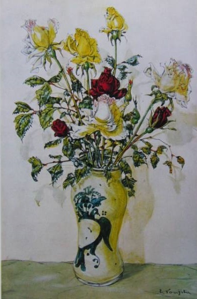 藤田嗣治, ｢Bouquets de roses｣, 希少画集の額装画, 人気作品, オーダーマット付･日本製新品額入り, 送料無料, 絵画, 油彩, 静物画