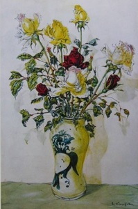 藤田嗣治、「Bouquets de roses」、希少画集の額装画、人気作品、オーダーマット付・日本製新品額入り、送料無料