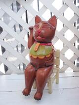 ビンテージバリ島面白木彫＊大きな腰掛け金運幸運招き猫_画像1