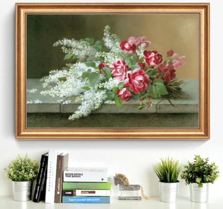 Reproduction de peinture à l'huile, tenture, ornement, avec cadre, en soldes, ornement, 50 cm de longueur x 60 cm de largeur, fleur, Peinture, Peinture à l'huile, Nature morte