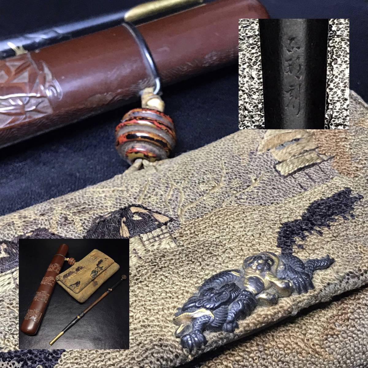 89%OFF!】 竹細工煙管入 煙管筒 純足刻印 煙管 親子河豚金具煙包 三面