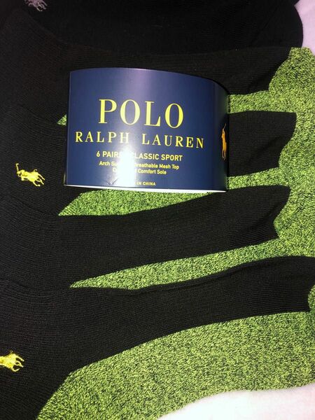 POLO ラルフローレン新品 3足セット アンクルソックス 25-27cm 黒 黄緑 RALPHLAUREN テニス スポーツ