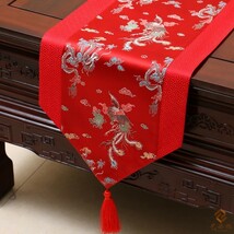 テーブルランナー 鳳凰デザイン 中国風 光沢のある色合い タッセル付き (レッド)_画像1