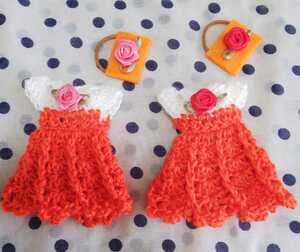 リカちゃん妹 ミキちゃんマキちゃん あおいちゃんに 手編みワンピース、バッグの4点セット オレンジ&ホワイト