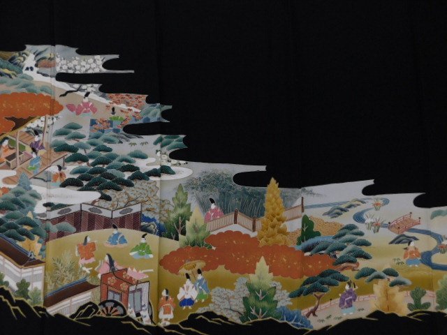 [Rakufu] P21415 Künstlerarbeit, handbemaltes Yuzen schwarz Tomesode gefüttert k, Mode, Damen-Kimono, Kimono, Tomesode