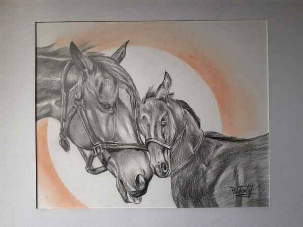鉛筆画アート　母子馬