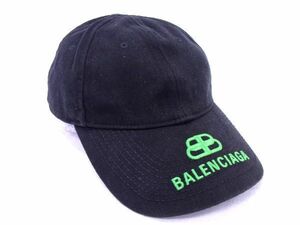 1円 ■美品■ BALENCIAGA バレンシアガ コットン100％ ベースボールキャップ 帽子 サイズ L/59 メンズ ブラック系×グリーン系 AG5702スM