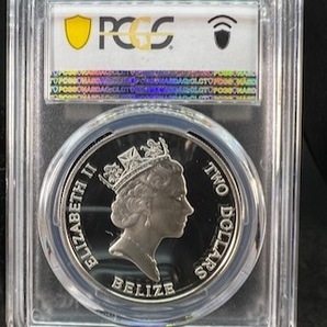 ＃130【1円スタート超希少わずか鑑定3枚】1993 PCGS PR69 DCAM Belize Coronation KM-119 $2 銀貨の画像4