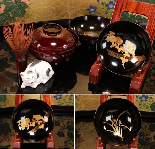 日本売筋品 mvh12039様専用 CB15 能登輪島塗梅に鶯金蒔絵黒塗煮物椀四