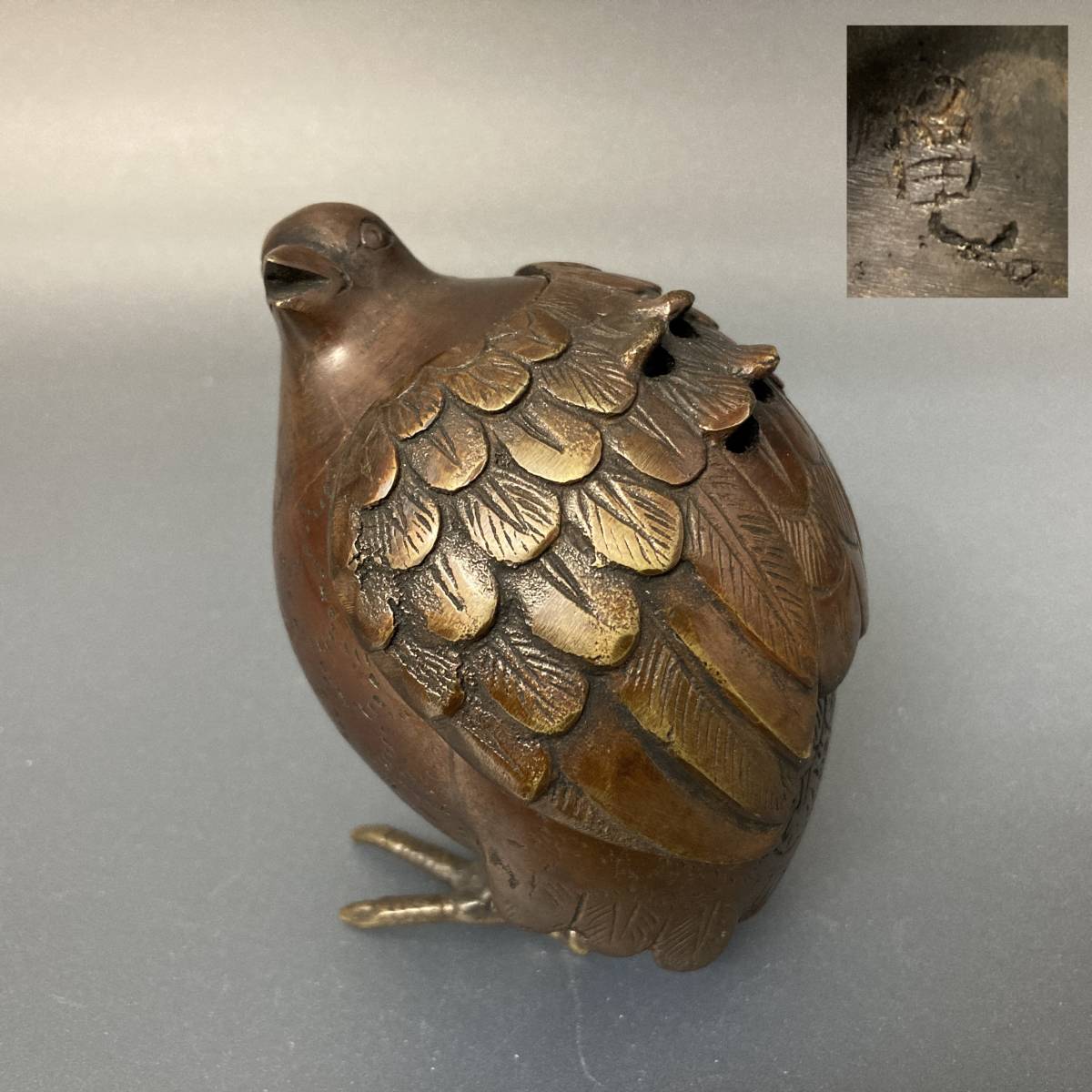 明治金工 古銅 鶉香炉 置物 時代箱付 D 3878-
