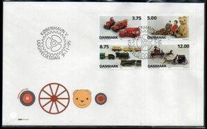 FDC H088 デンマーク おもちゃ 玩具 消防車 馬車 鉄道 人形 ぬいぐるみ 4V完貼り 1995年発行 初日カバー