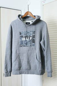 ★HUF プリントプルオーバーパーカー　　古着ユーズド男性メンズSグレー迷彩カモフラフーディー上着服アウタージャケット