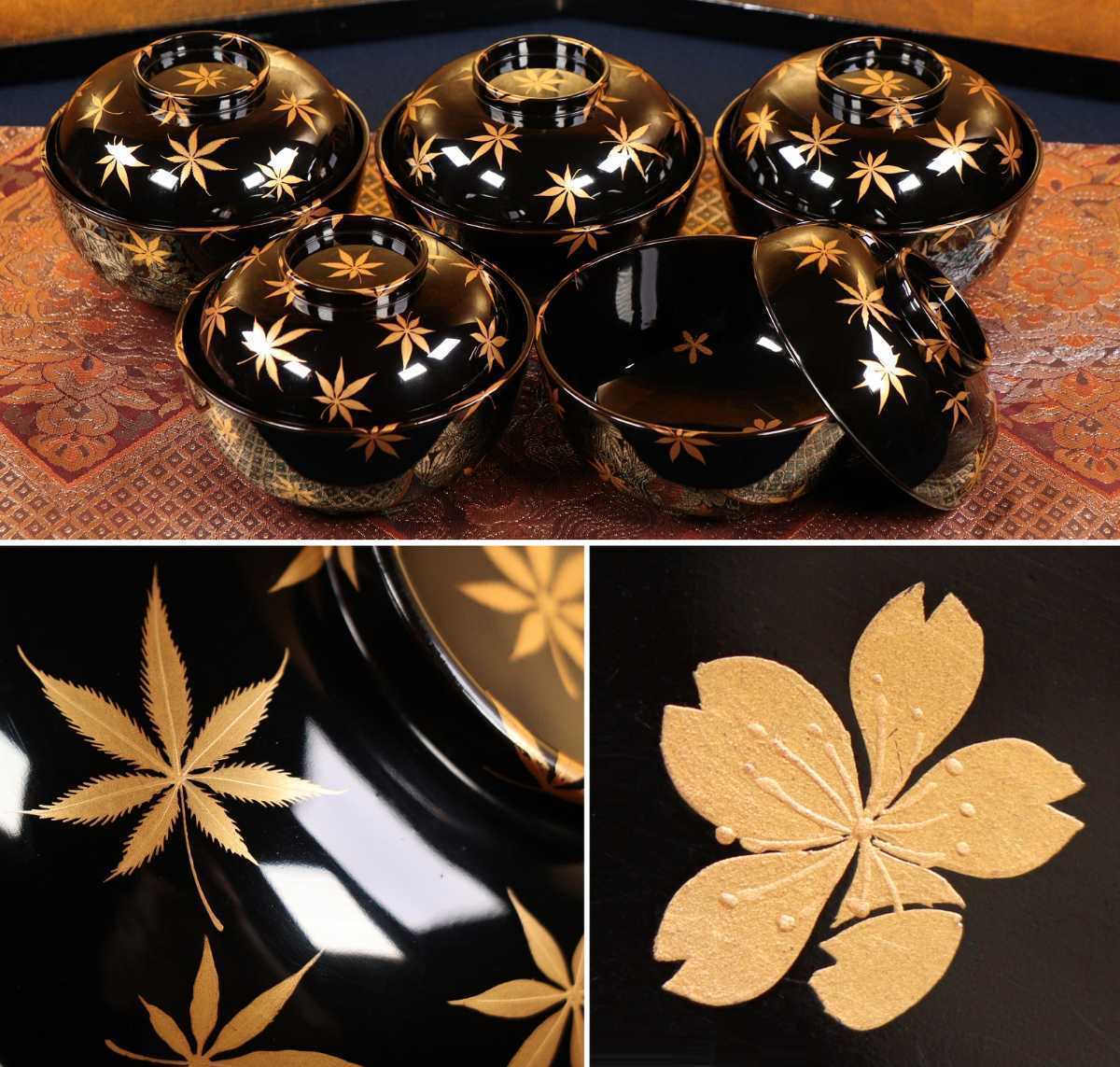 CB15 能登輪島塗梅に鶯金蒔絵黒塗煮物椀三客花鳥吸物汁椀木製漆器茶