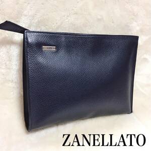 【極美品】ZANELATO ザネラート MARCAPUNTO クラッチバッグ セカンドバッグ ダークブルー ネイビー オールレザー ロゴプレート