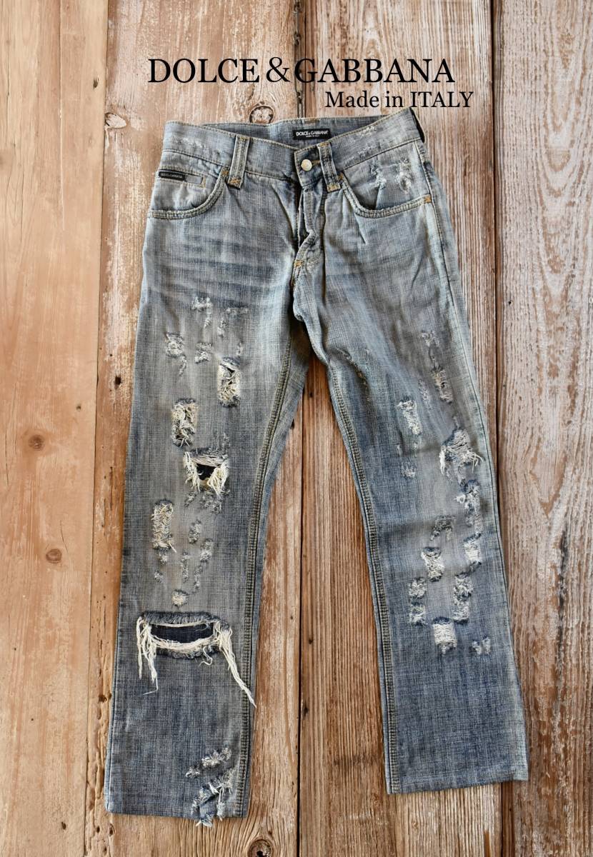 DOLCE&GABBANA サビ加工 プレート付きクラッシュデニム 44 14GOLD ファッション ブランド別 ジーンズ