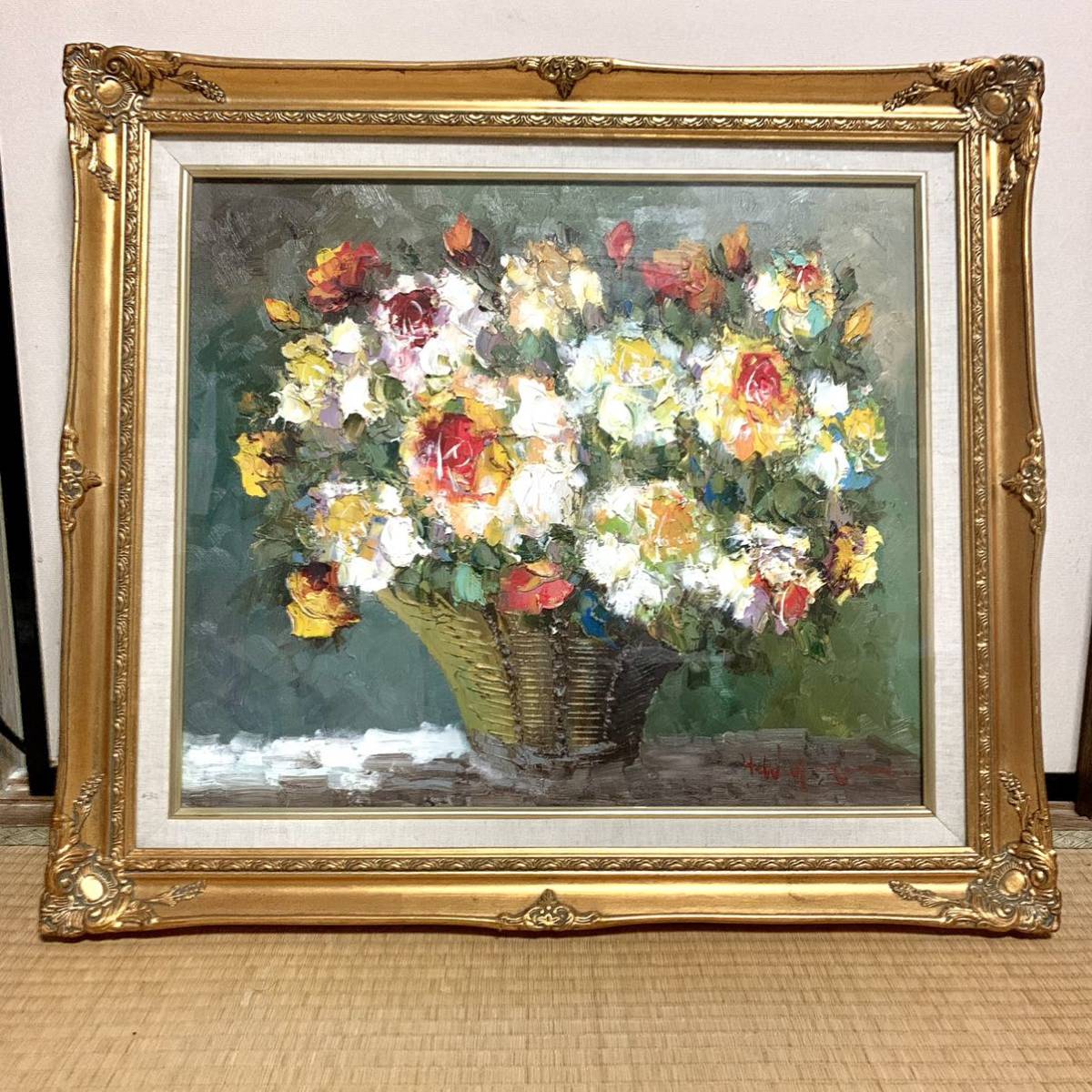 真筆】渡部ひでき作 油絵『薔薇』 油彩 厚塗り画の迫力 額縁付 静物画