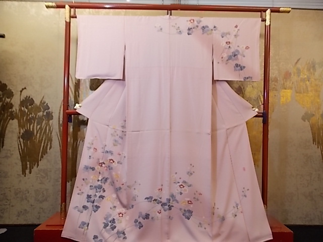 Kimono Konjaku 4727, Tsukesage Homongi, fondo marfil rosa muy claro con flores de amapola pintadas a mano, con hilo, no usado, longitud 164cm, kimono de mujer, kimono, vestido de visita, Confeccionado