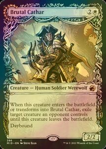 え白Foil 粗暴な聖戦士 1枚（3枚在庫 英 良品 MID Showcase）/Brutal Cathar（MTG /イニストラード：真夜中の狩り/Innistrad: Midnight Hu