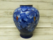 深川製磁 瑠璃葡萄 壺 花瓶 花生 高さ:29cm 直径:22cm 青色 金線 ゴールドライン 付属品は画像の物が全てです_画像4