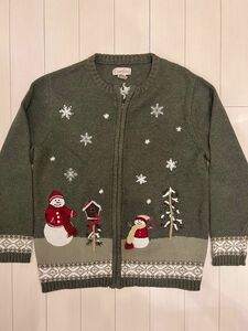 アグリー　セーター　クリスマス　ニット　カーデ　カーキ　刺繍　雪だるま　ツリー