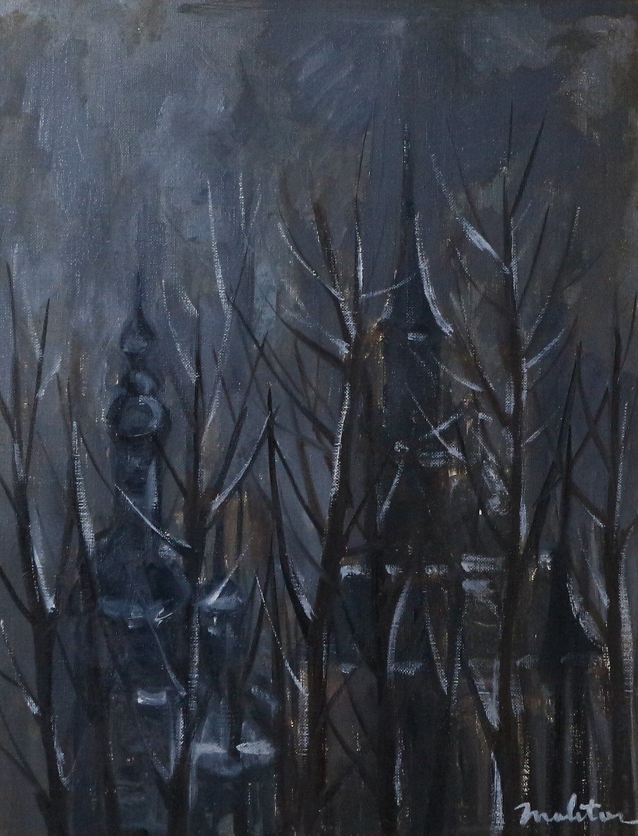 森通｢雪のザルツブールグ｣油彩風景画 額装品 F6号 独立美術協会会員 油絵 雪景色, 絵画, 油彩, 自然, 風景画