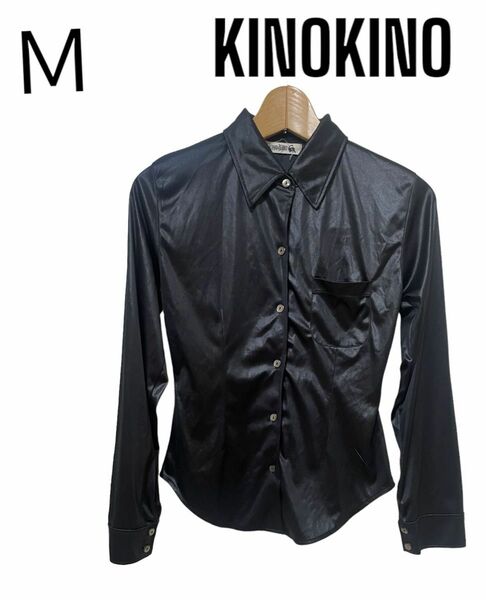 KINOKINO 黒　トップス　ブラウス　オープンカラーシャツ　Ｍ　古着