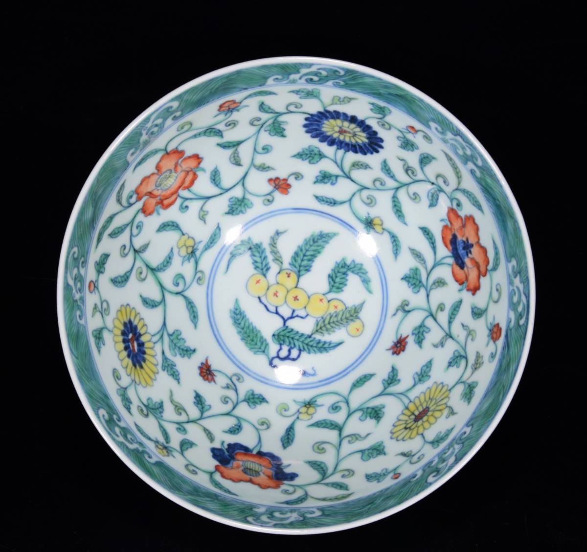 明・宣德年製款・古陶磁器・青花斗彩花卉紋鶏心碗』極細工・骨董品・古