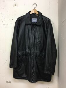 90s バブル期 PENON POUR HOMME デザインポケット 本革 レザー ハーフコート ジャケット L 黒 肩パッド無し