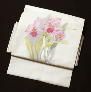 Art hand Auction ■6070■ Handgemalte Orchideenblüte, Shiose, 9-Zoll-Obi aus Nagoya, pure Seide, Band, Nagoya Obi, Fertig