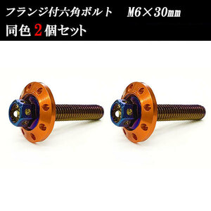 フランジ付六角ボルト M6×30mm P1.0 カラーワッシャー フジツボ 20×4mm 2個set 車 汎用 外装 カー用品 焼きチタン×オレンジ