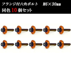 フランジ付六角ボルト M6×30mm P1.0 カラーワッシャー フジツボ 20×4mm 10個set 車 汎用 外装 カー用品 焼きチタン×オレンジ